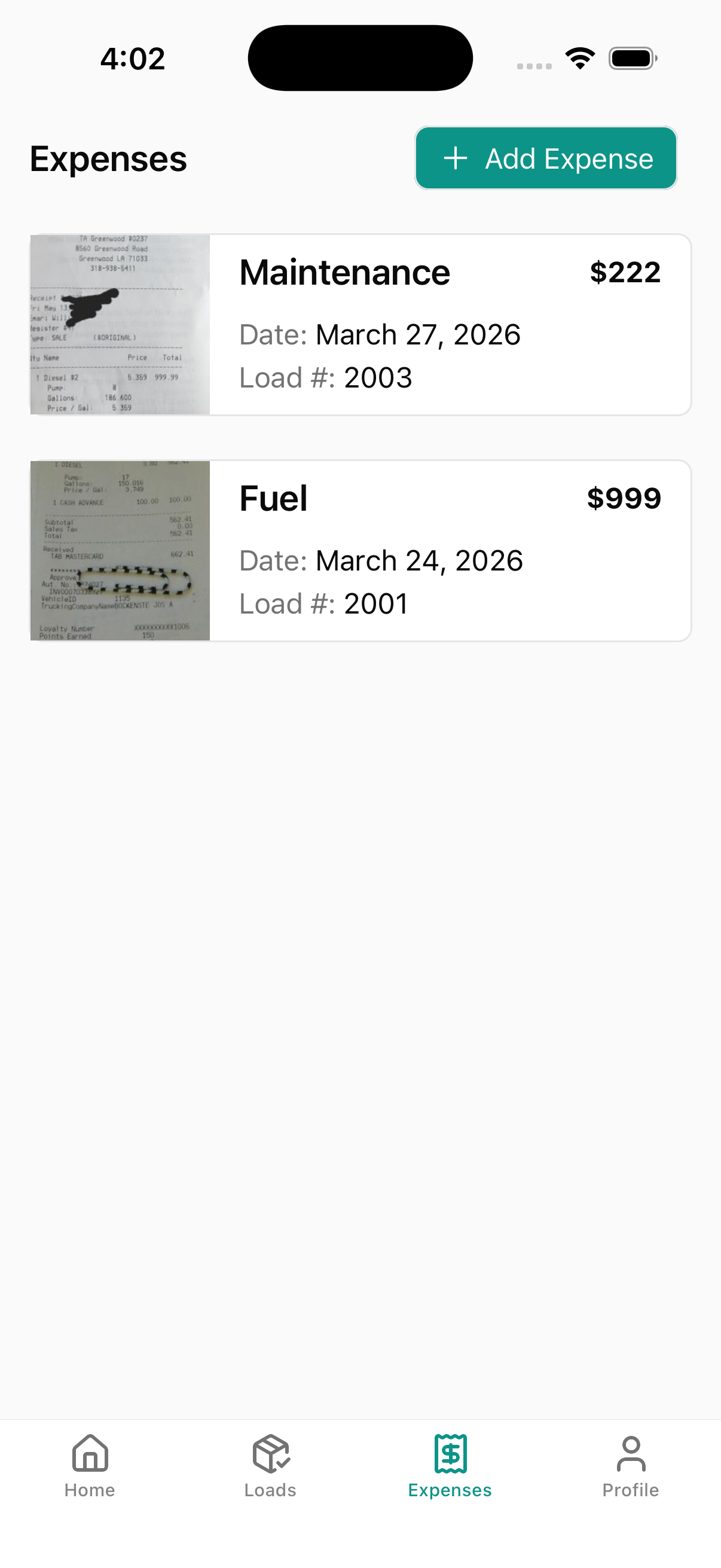 Expense list showing maintenance and fuel expenses with receipt photos and load associations